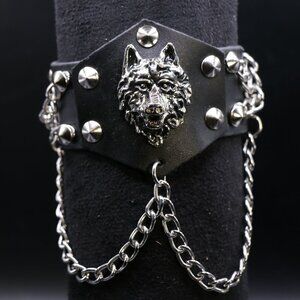 Mens Wide Belt Cuff Punk Leather Wolf Head Wrist Band Bracelet Adjustable